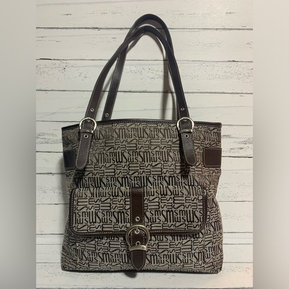 Stone Mountain Monogram Shoulder Tote Bag - Brown Faux Leather, 11.5”x11”x4” - Picture 2 of 12